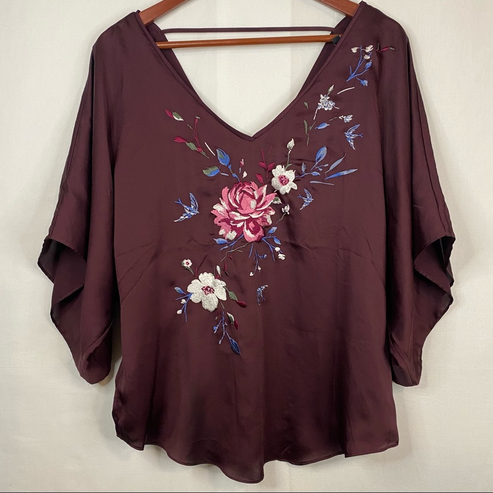 WHITE HOUSE BLACK MARKET Satin Cross Back Top Maroon V Neck Blouse Size S
